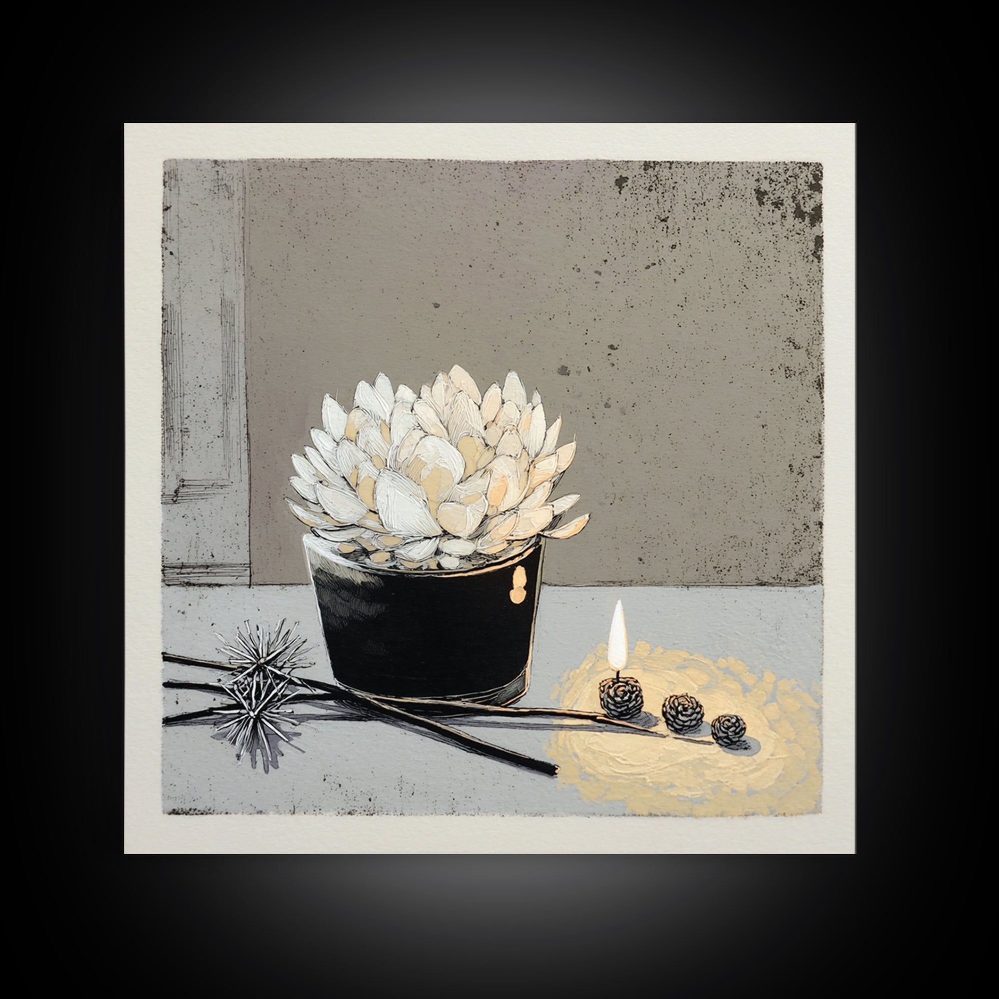 Ceramic Vase with Dried Grasses Framed Canvas Print, Scandinavian Art, Living Room Decor, Oil Painting, Nordic, SCA-1x1-61