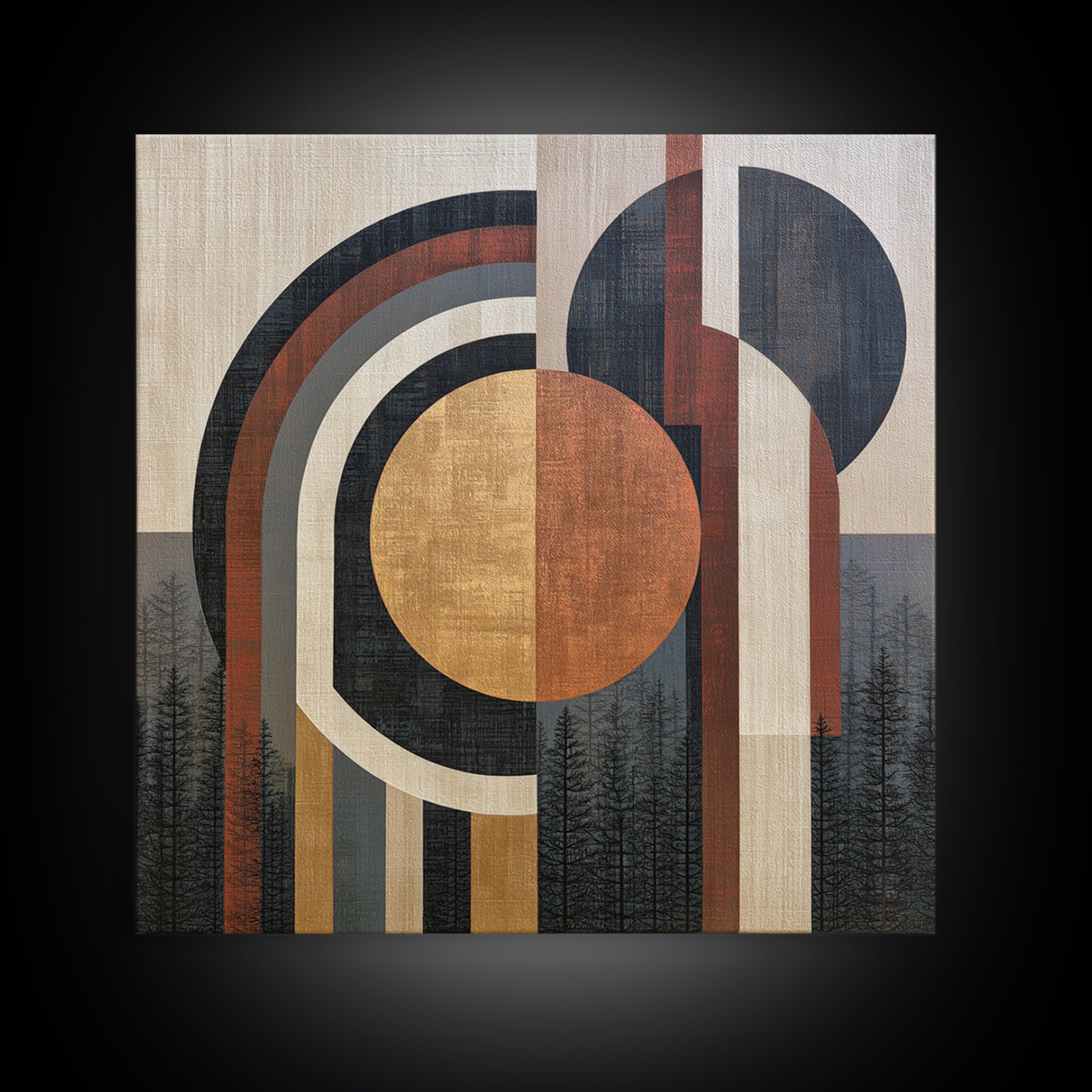 Minimal Sun over Pine Forest Framed Canvas Print, Scandinavian Art, Wall Art, Living Room Decor, Oil Painting, Nordic, SCA-1x1-65