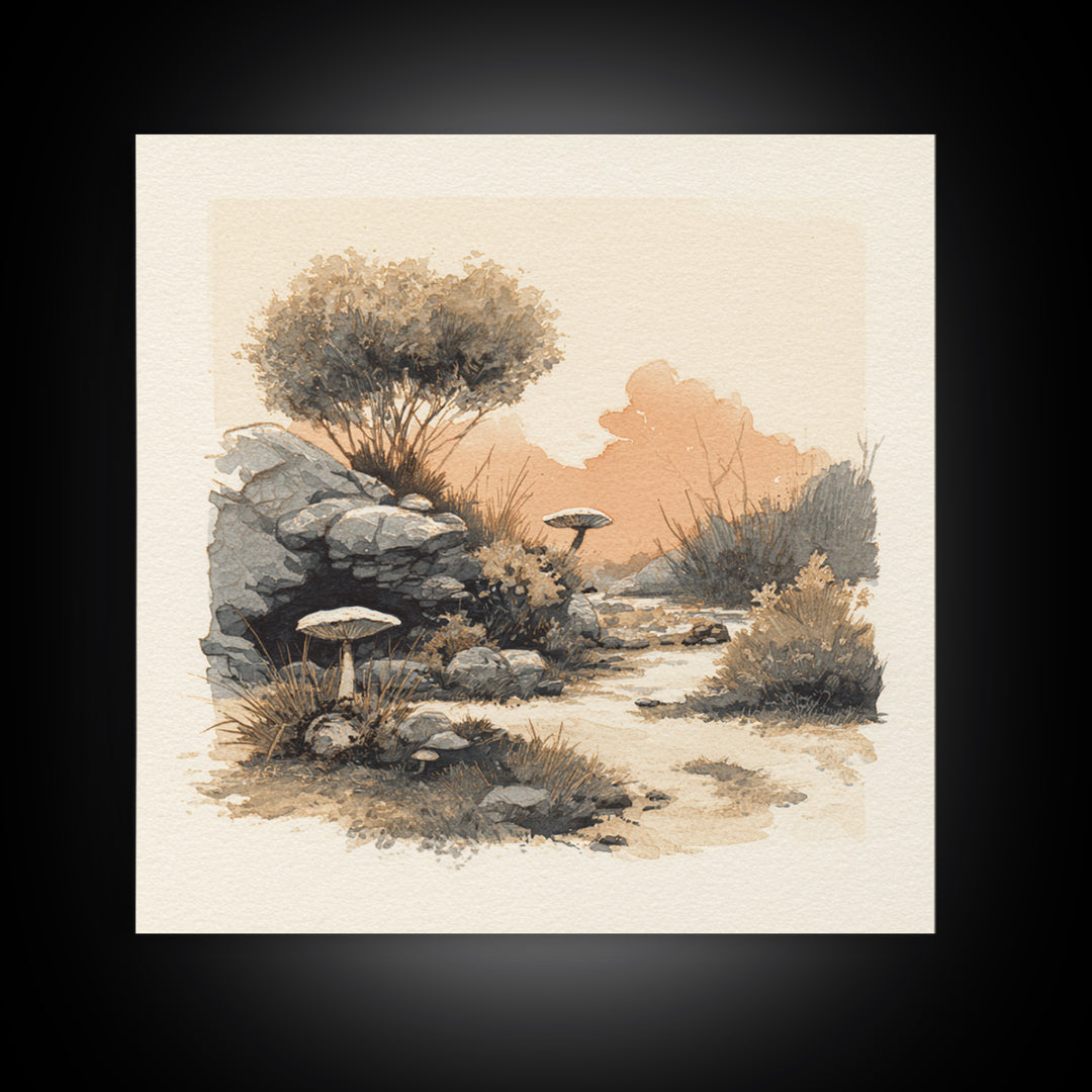 Simple Mushroom and Moss Forest Study Framed Canvas Print, Scandinavian Art, Abstract Painting, Living Room Decor, Nordic, SCA-1x1-72