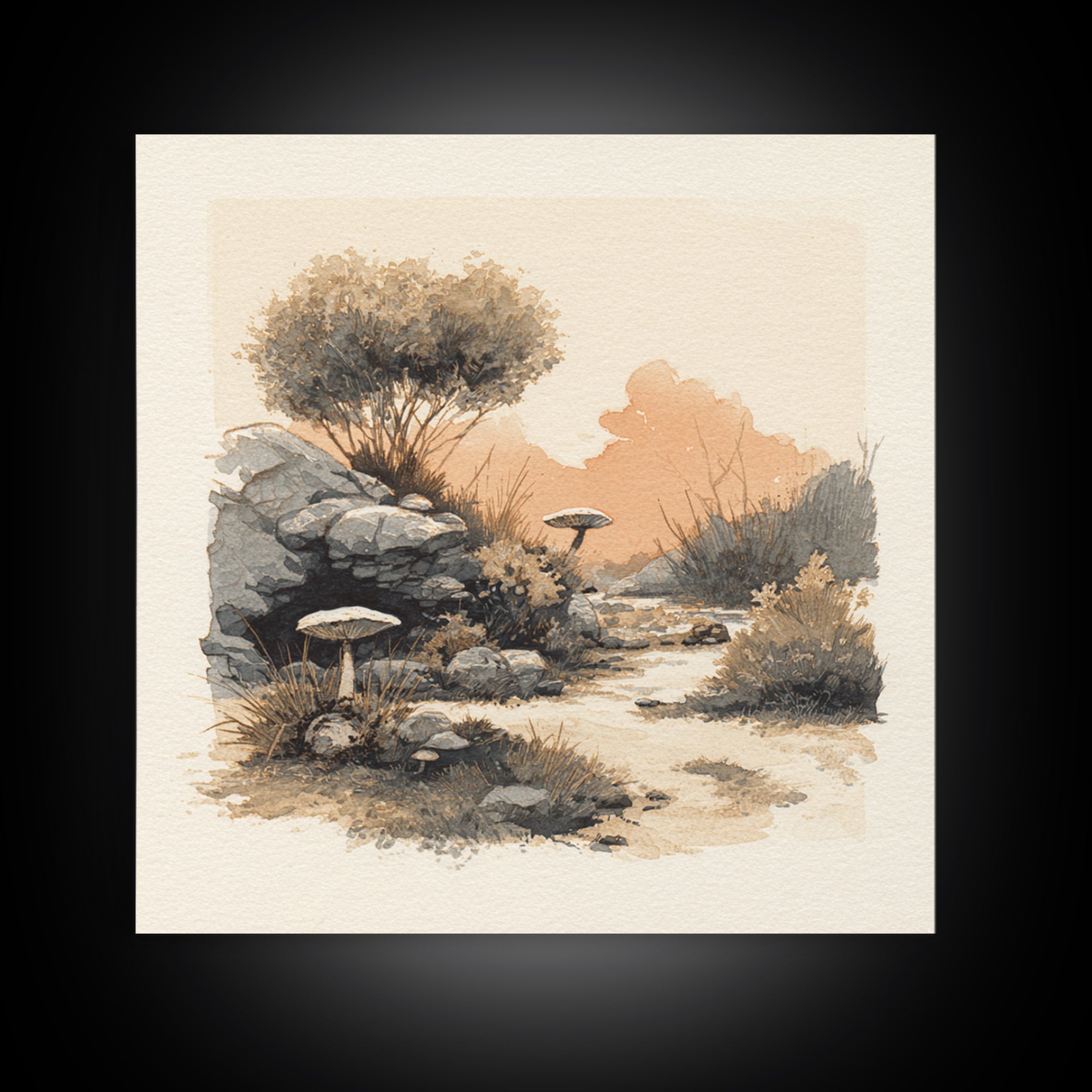 Simple Mushroom and Moss Forest Study Framed Canvas Print, Scandinavian Art, Abstract Painting, Living Room Decor, Nordic, SCA-1x1-72