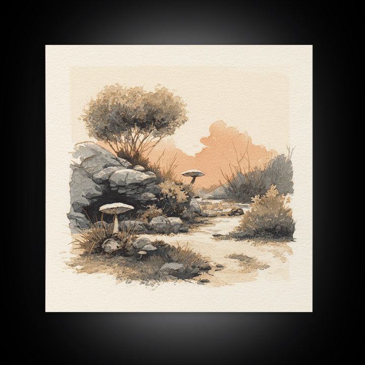 Simple Mushroom and Moss Forest Study Framed Canvas Print, Scandinavian Art, Abstract Painting, Living Room Decor, Nordic, SCA-1x1-72