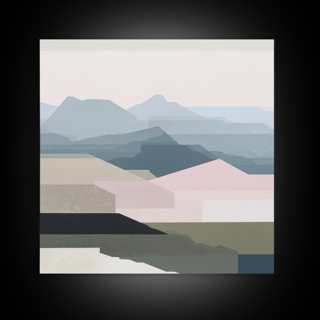Muted Mountain Layers Framed Canvas Print, Scandinavian Art, Mid Century Modern, Living Room Decor, Oil Painting, Nordic, SCA-1x1-8