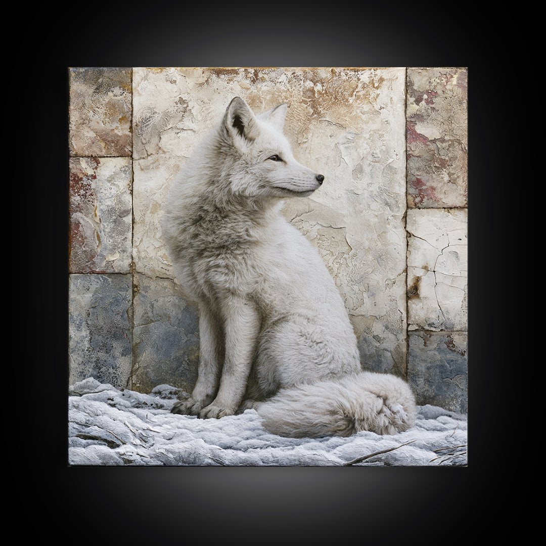 White Fox in Quiet Snow Framed Canvas Print, Scandinavian Art, Living Room Wall Art, Living Room Decor, Abstract Art, Nordic, SCA-1x1-84