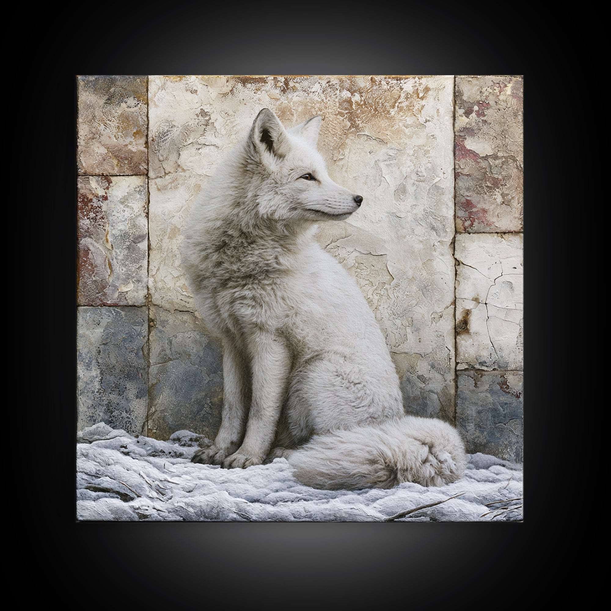 White Fox in Quiet Snow Framed Canvas Print, Scandinavian Art, Living Room Wall Art, Living Room Decor, Abstract Art, Nordic, SCA-1x1-84