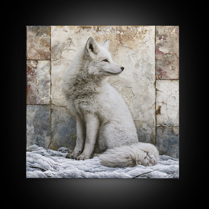 White Fox in Quiet Snow Framed Canvas Print, Scandinavian Art, Living Room Wall Art, Living Room Decor, Abstract Art, Nordic, SCA-1x1-84
