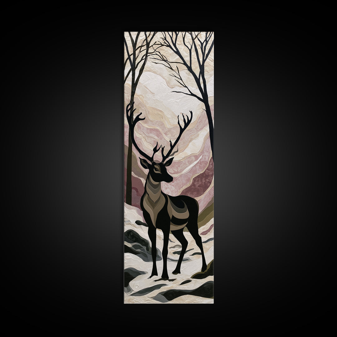 Reindeer Silhouette in Snowy Landscape Canvas Print, Scandinavian Art, Luxury Decor, Living Room Decor, Oil Painting, Nordic, SCA-1x3-18