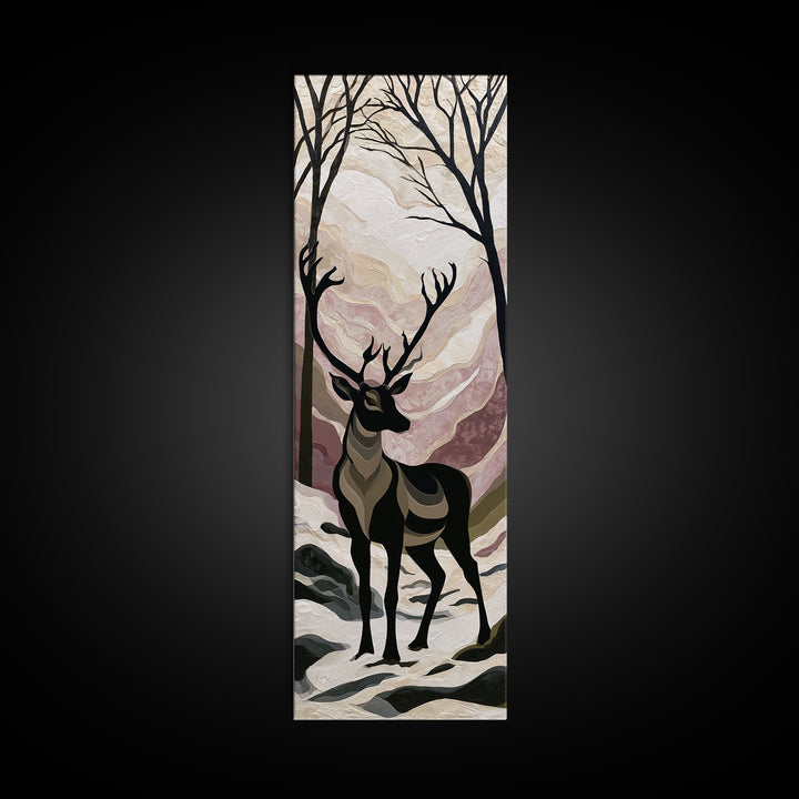 Reindeer Silhouette in Snowy Landscape Canvas Print, Scandinavian Art, Luxury Decor, Living Room Decor, Oil Painting, Nordic, SCA-1x3-18
