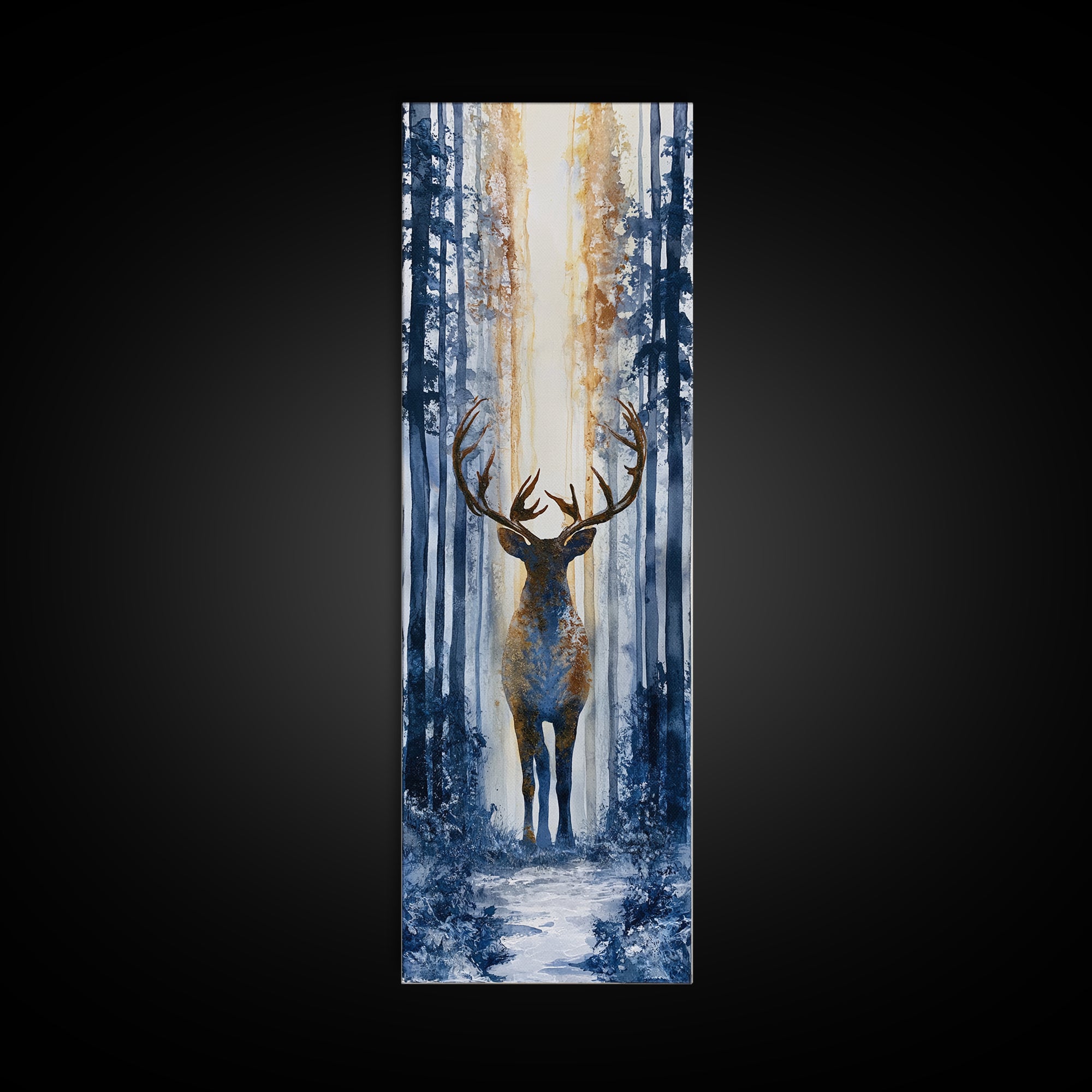 Reindeer Silhouette in Snowy Landscape Canvas Print, Scandinavian Art, Luxury Decor, Living Room Decor, Oil Painting, Nordic, SCA-1x3-42