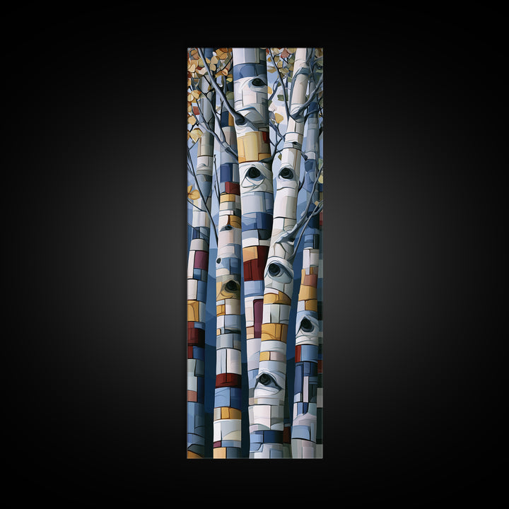 Birch Tree Trunks Framed Canvas Print, Scandinavian Art, Mid Century Modern, Living Room Decor, Oil Painting, Nordic, SCA-1x3-45