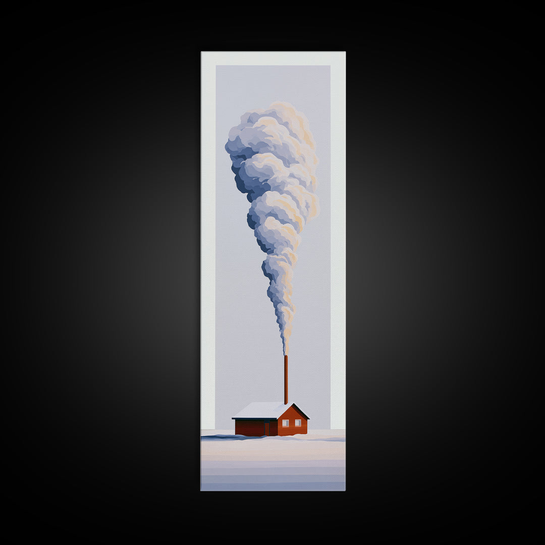 Winter Cabin Smoke Framed Canvas Print, Scandinavian Art, Fine Art Print, Living Room Decor, Oil Painting, Nordic, Printable, SCA-1x3-54