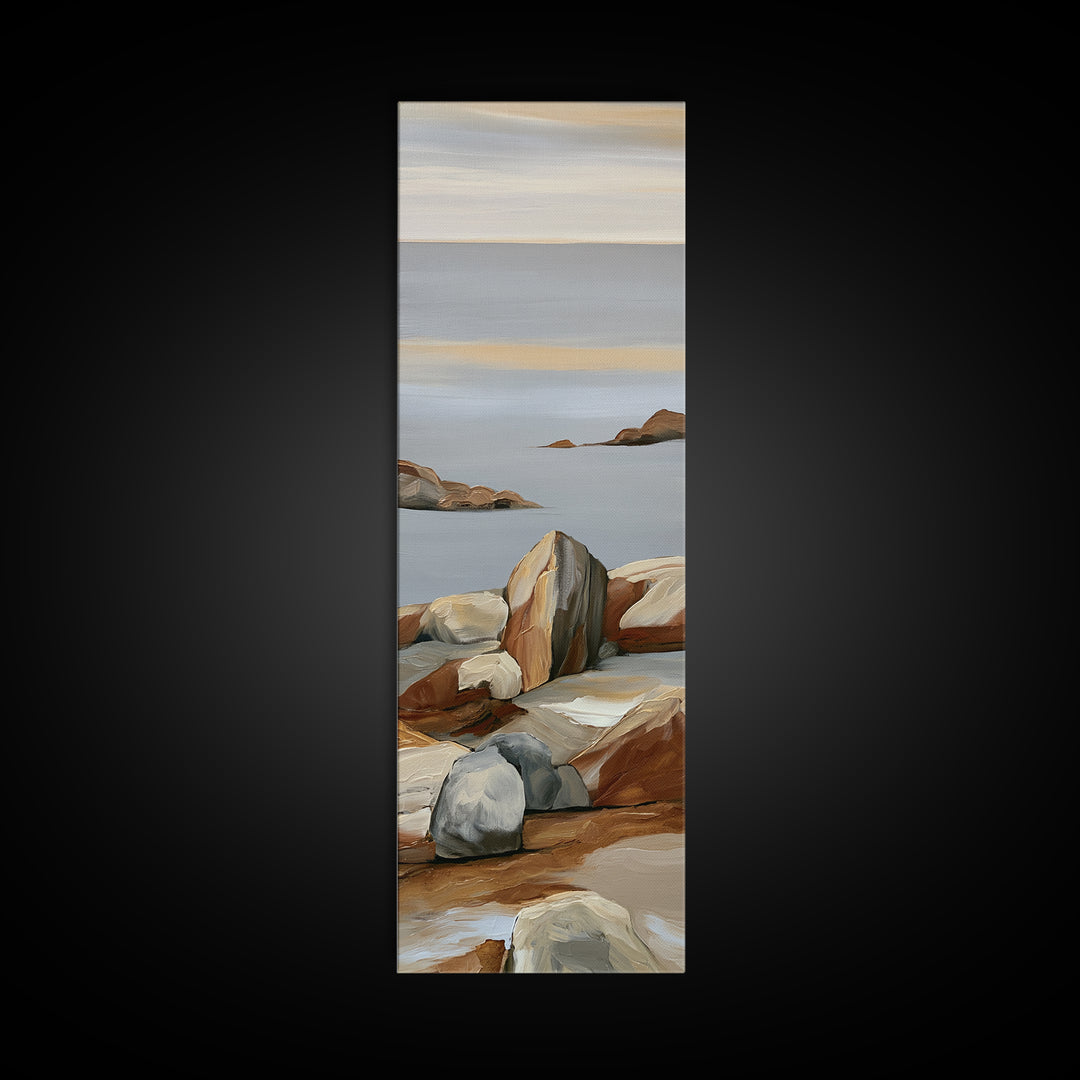 Quiet Coastal Rocks and Gray Sea Canvas Print, Scandinavian Art, Modern Decor, Living Room Decor, Fine Art, Nordic, Wall Decor, SCA-1x3-59