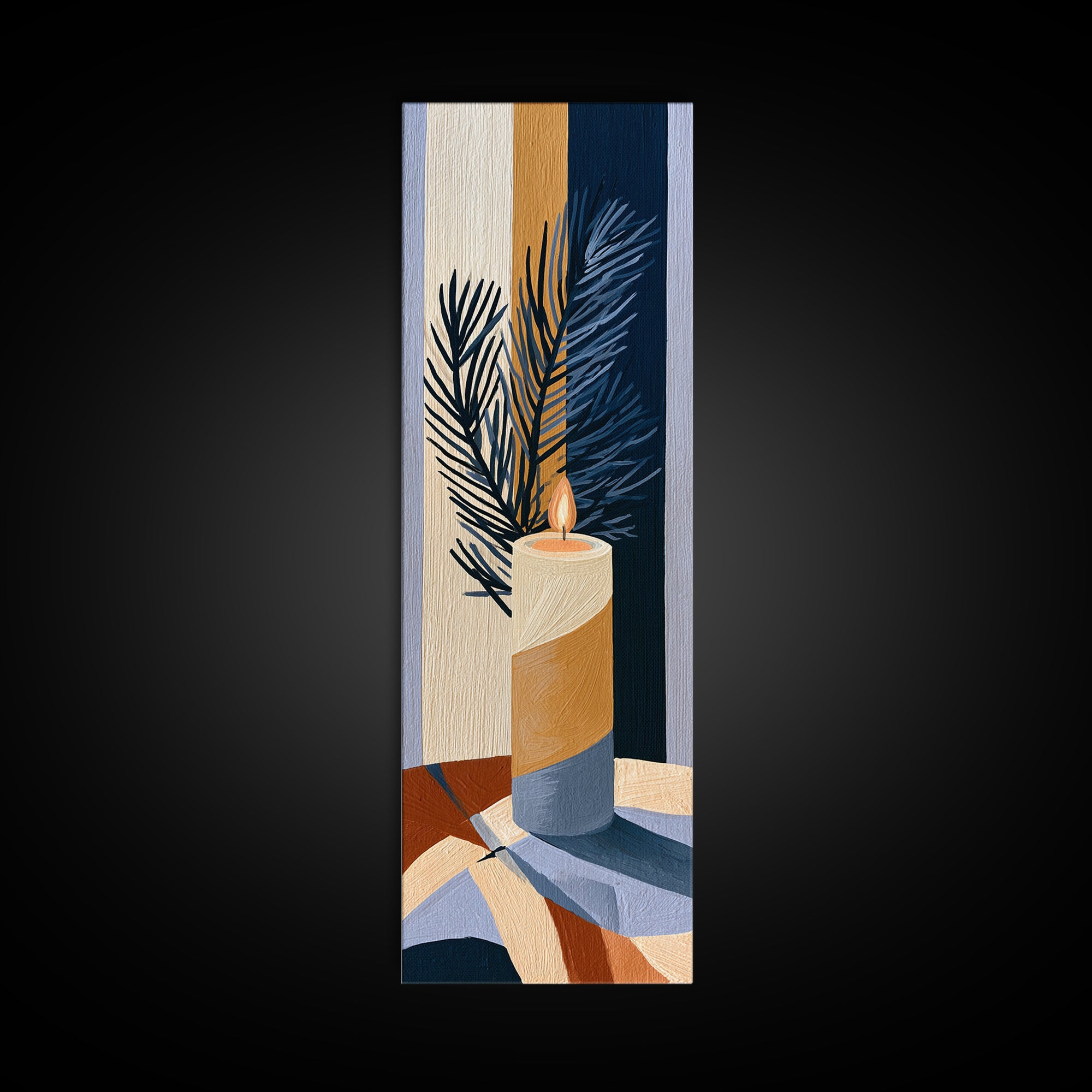 Hygge Candle and Pine Branch Still Life Canvas Print, Scandinavian Art, Abstract Painting, Living Room Decor, Nordic, SCA-1x3-64