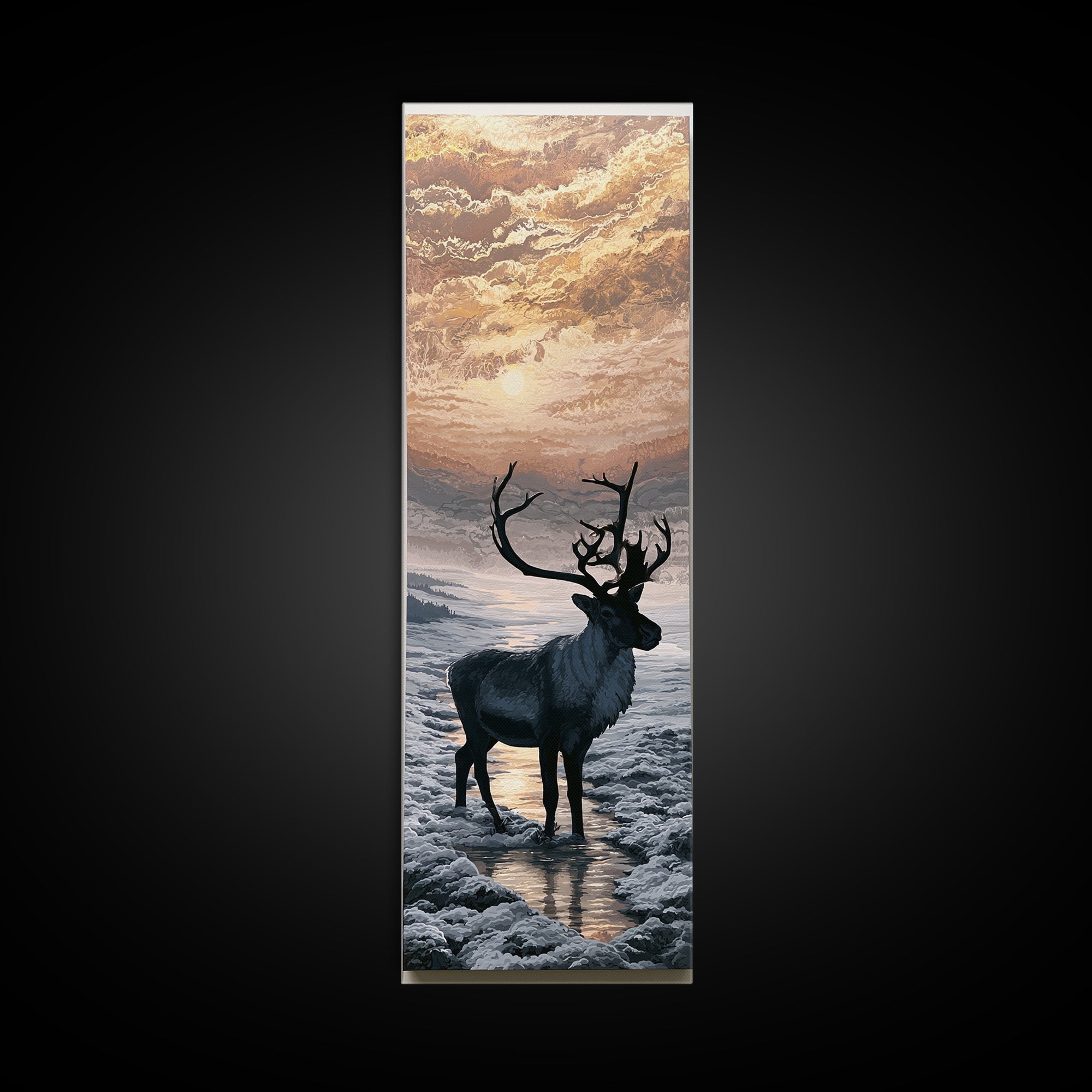 Reindeer Silhouette in Snowy Landscape Framed Canvas Print, Scandinavian Art, Wall Art, Living Room Decor, Fine Art, Nordic, SCA-1x3-66