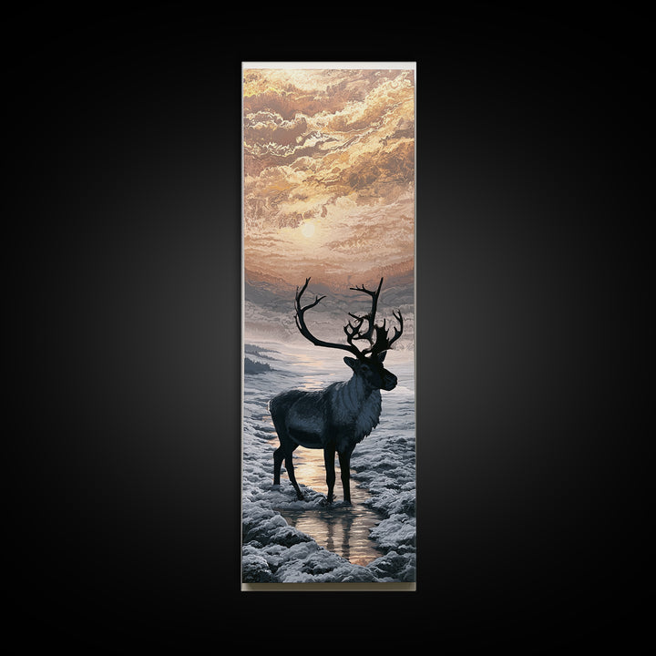 Reindeer Silhouette in Snowy Landscape Framed Canvas Print, Scandinavian Art, Wall Art, Living Room Decor, Fine Art, Nordic, SCA-1x3-66