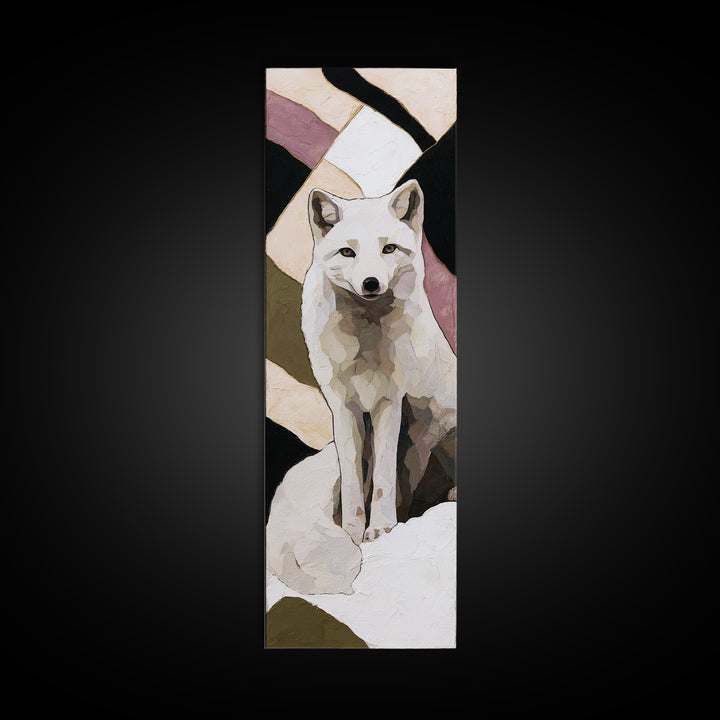 White Fox in Quiet Snow Framed Canvas Print, Scandinavian Art, Statement Artwork, Living Room Decor, Abstract Art, Nordic, SCA-1x3-96