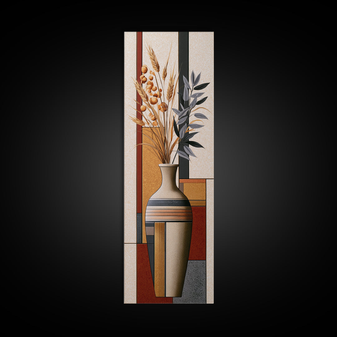 Ceramic Vase with Dried Grasses Canvas Print, Scandinavian Art, Living Room Decor, Oil Painting, Nordic, Wall Hanging, SCA-1x3-97