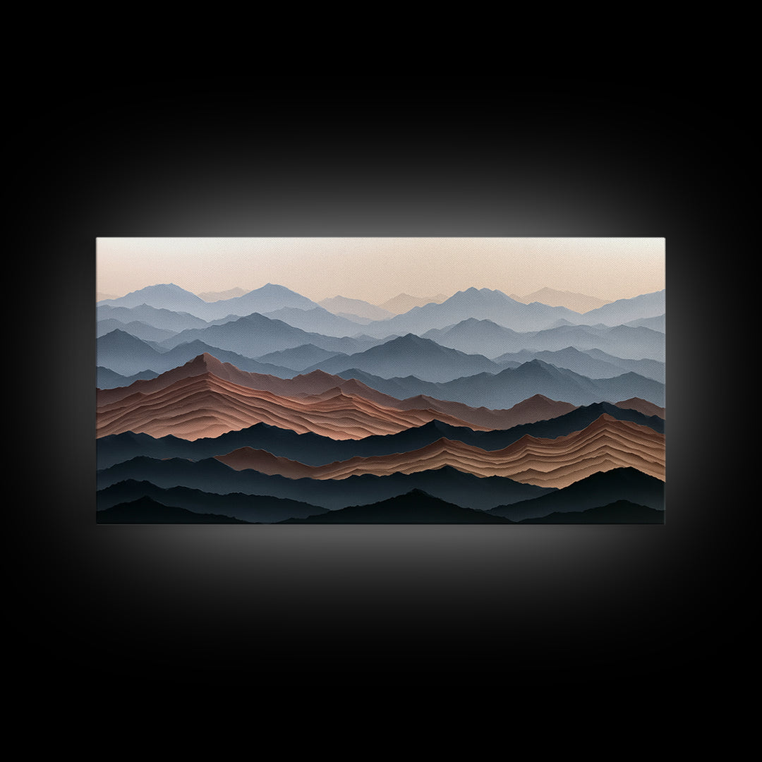 Muted Mountain Layers Framed Canvas Print, Scandinavian Art, Boho Wall Decor, Living Room Decor, Oil Painting, Nordic, SCA-2x1-100