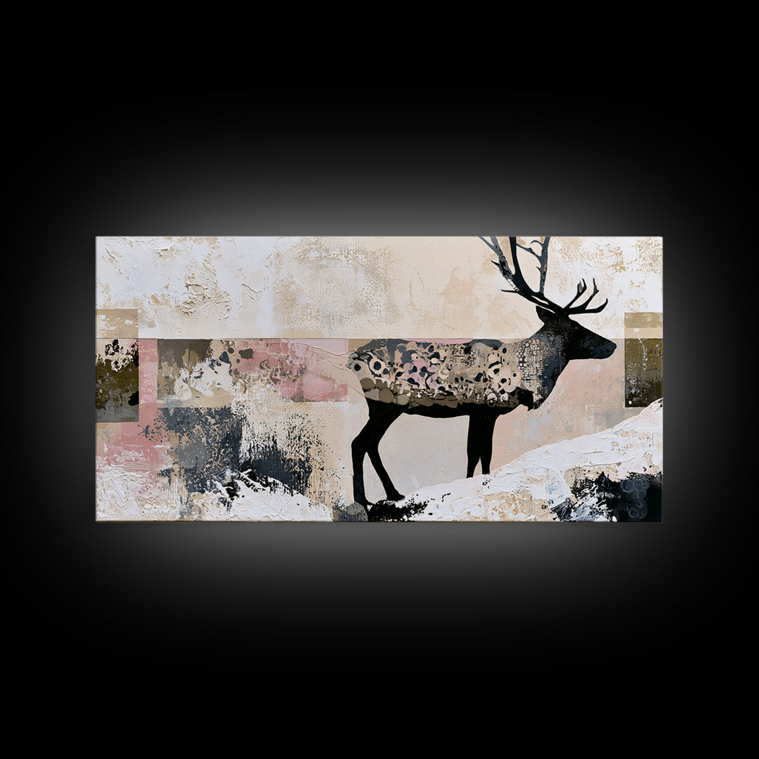 Reindeer Silhouette in Snowy Landscape Canvas Print, Scandinavian Art, Art, Living Room Decor, Fine Art, Nordic, Abstract Art, SCA-2x1-2