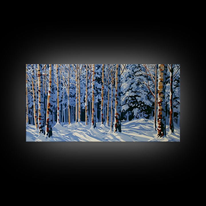 Snowy Nordic Forest Framed Canvas Print, Scandinavian Art, Abstract Wall Art, Living Room Decor, Oil Painting, Nordic, SCA-2x1-45