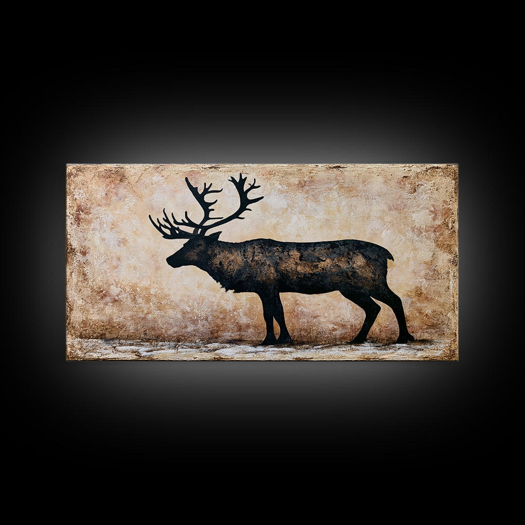 Reindeer Silhouette in Snowy Landscape Canvas Print, Scandinavian Art, Mid Century Modern, Living Room Decor, Nordic, SCA-2x1-50