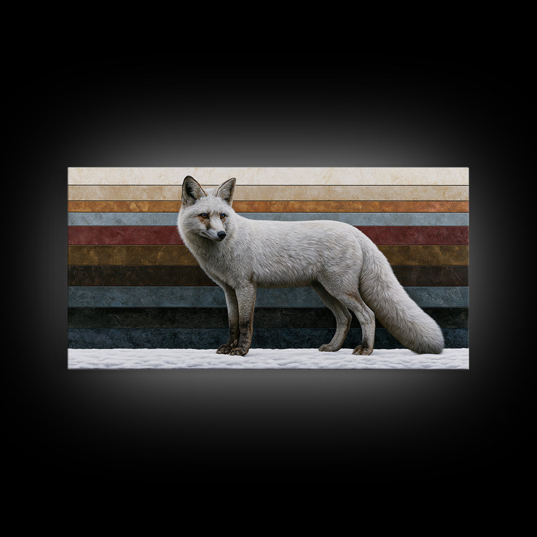 White Fox in Quiet Snow Framed Canvas Print, Scandinavian Art, Printable Wall Art, Living Room Decor, Fine Art, Nordic, SCA-2x1-56