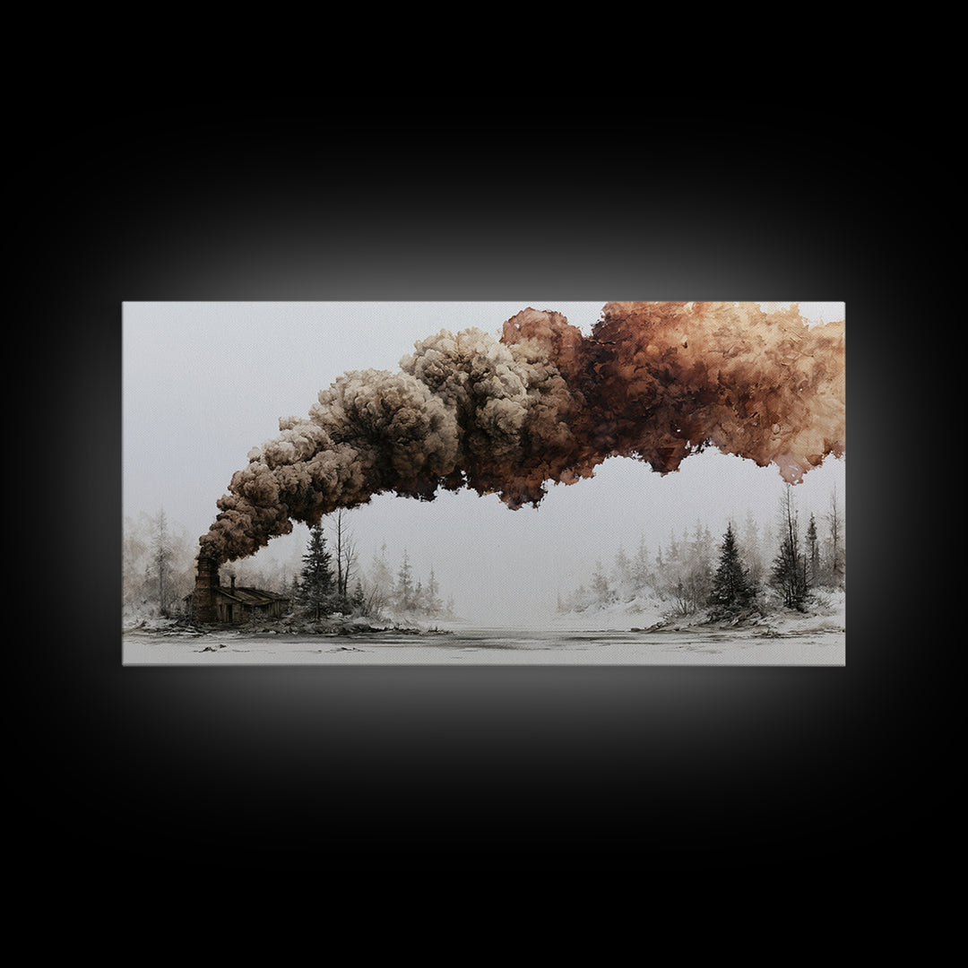 Winter Cabin Smoke Canvas Print, Scandinavian Art, Art Print, Living Room Decor, Oil Painting, Nordic, Farmhouse Decor, SCA-2x1-62