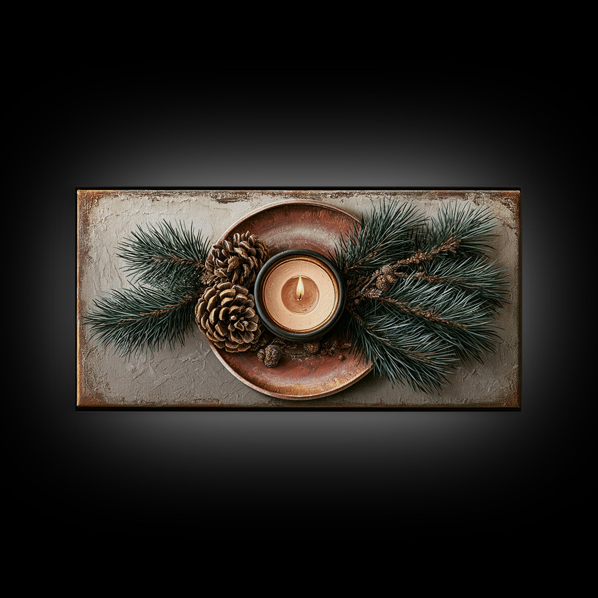 Hygge Candle and Pine Branch Still Life Framed Canvas Print, Scandinavian Art, Oil Painting, Living Room Decor, Watercolor Art, SCA-2x1-72