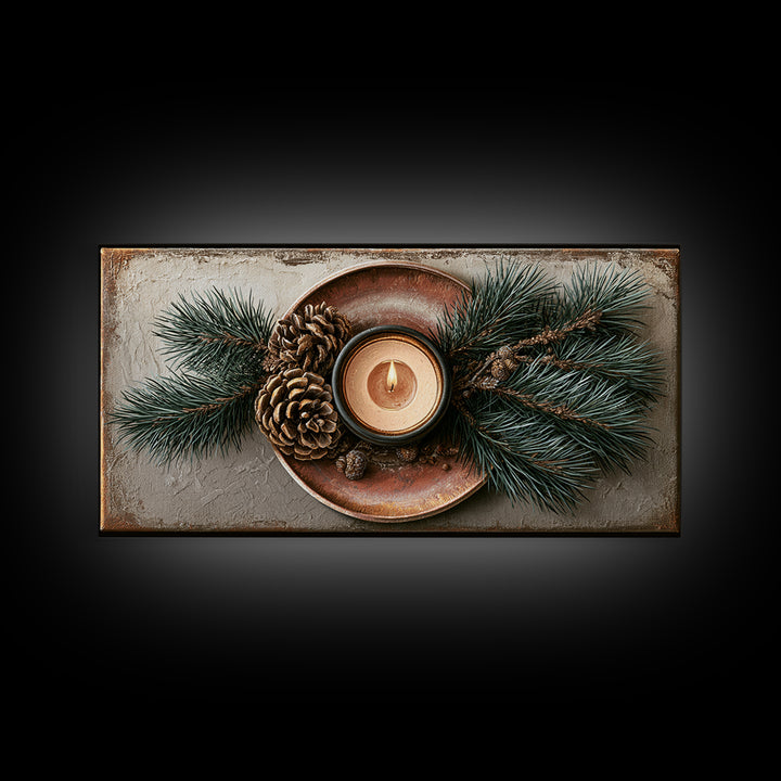 Hygge Candle and Pine Branch Still Life Framed Canvas Print, Scandinavian Art, Oil Painting, Living Room Decor, Watercolor Art, SCA-2x1-72