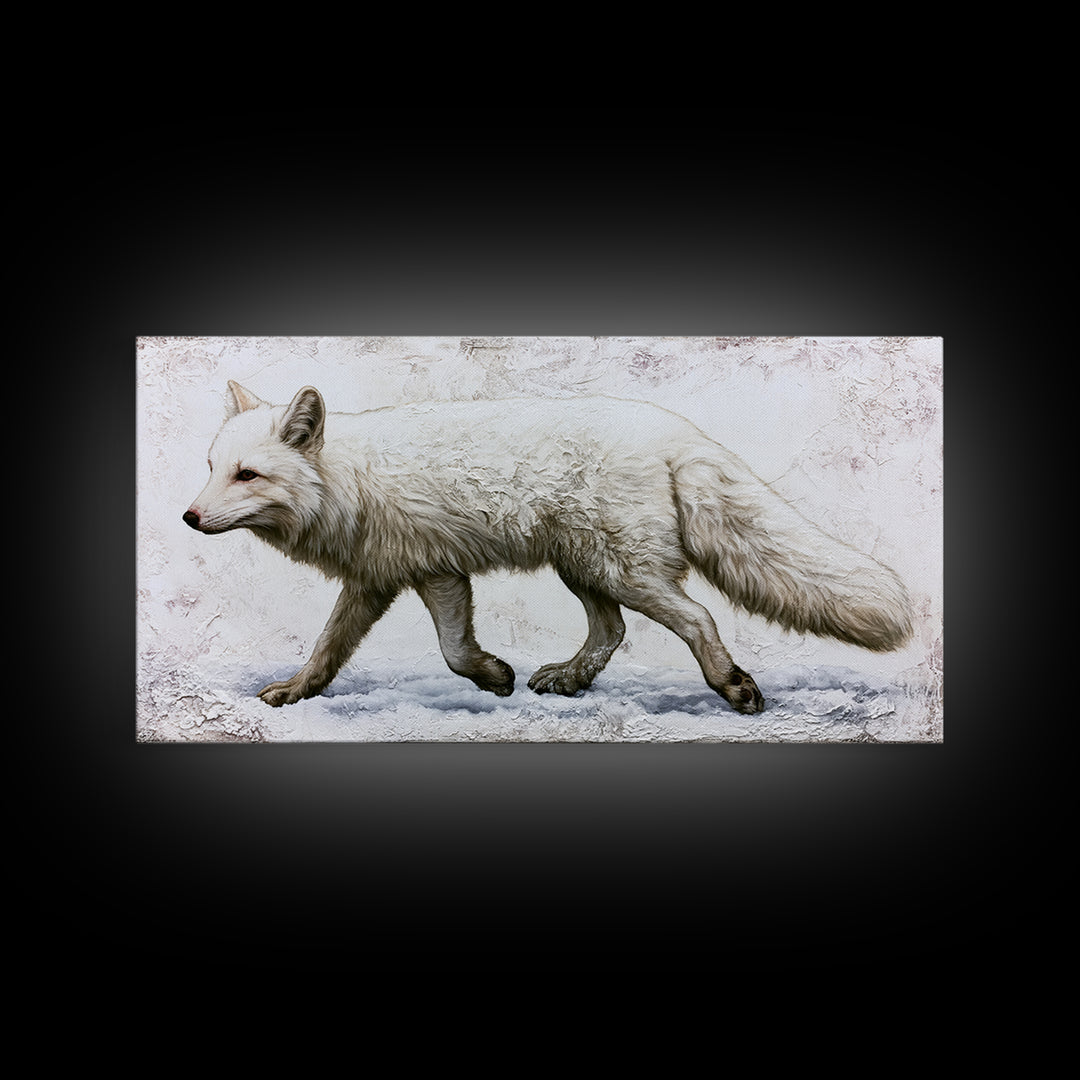 White Fox in Quiet Snow Framed Canvas Print, Scandinavian Art, Living Room Decor, Nordic, Gallery Decor, Neutral Decor, SCA-2x1-80