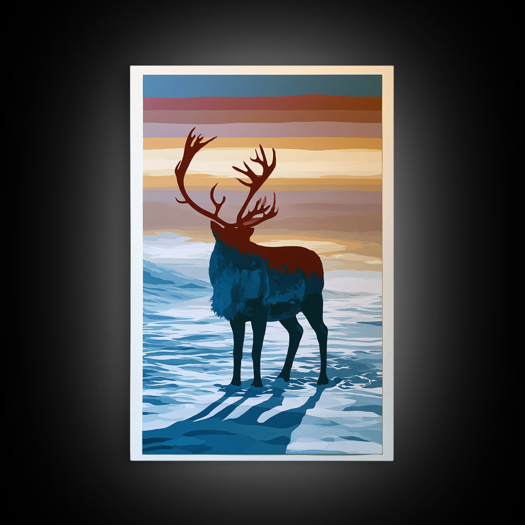Reindeer Silhouette in Snowy Landscape Canvas Print, Scandinavian Art, Printable, Living Room Decor, Fine Art, Nordic, SCA-2x3-14