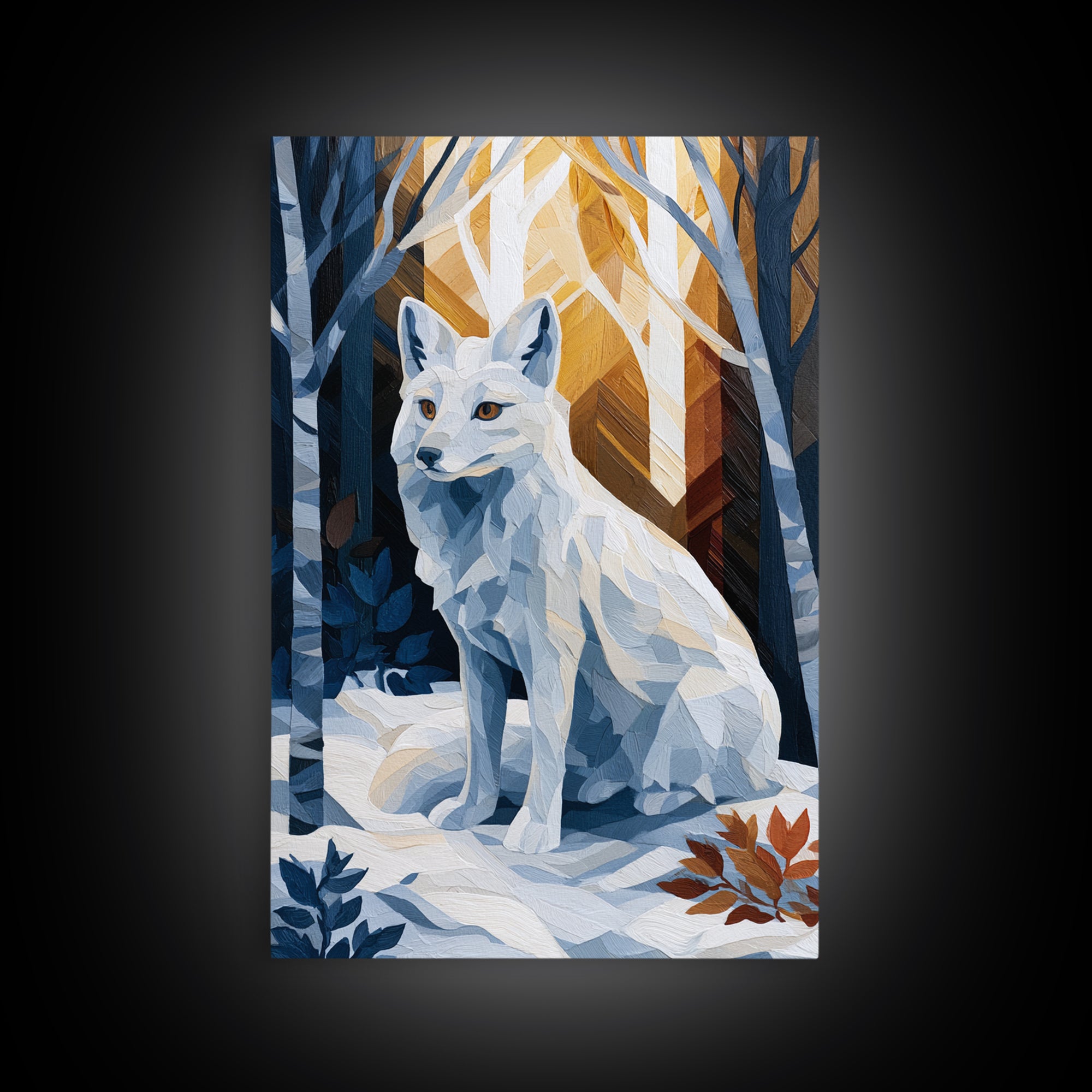 White Fox in Quiet Snow Framed Canvas Print, Scandinavian Art, Boho Wall Decor, Living Room Decor, Oil Painting, Nordic, SCA-2x3-20
