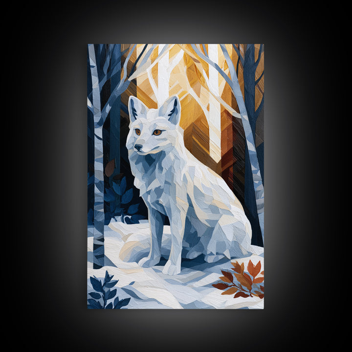 White Fox in Quiet Snow Framed Canvas Print, Scandinavian Art, Boho Wall Decor, Living Room Decor, Oil Painting, Nordic, SCA-2x3-20