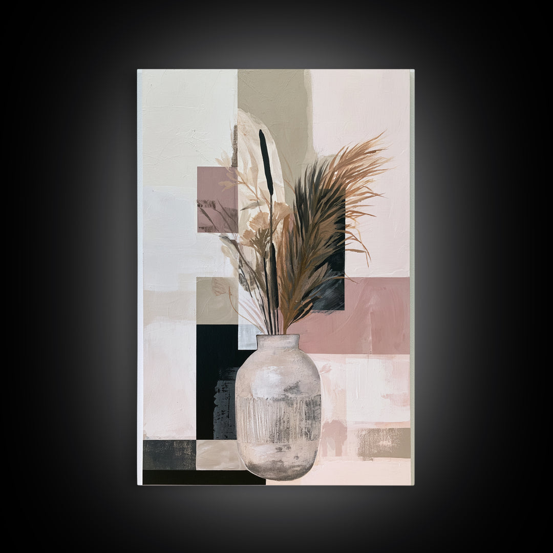 Ceramic Vase with Dried Grasses Framed Canvas Print, Scandinavian Art, Abstract Art, Living Room Decor, Oil Painting, Nordic, SCA-2x3-21