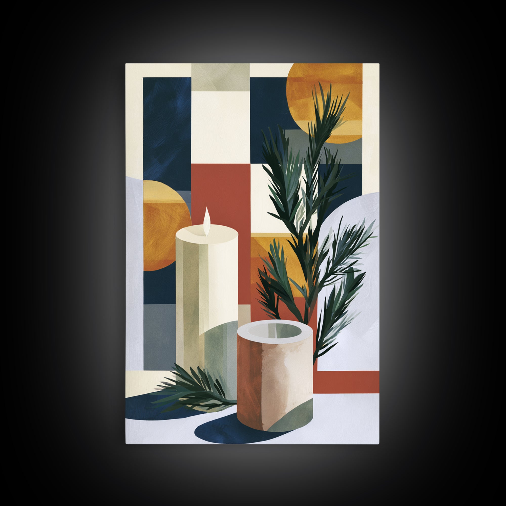 Hygge Candle and Pine Branch Still Life Framed Canvas Print, Scandinavian Art, Textured Painting, Living Room Decor, Nordic, SCA-2x3-36