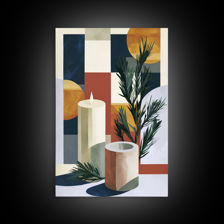 Hygge Candle and Pine Branch Still Life Framed Canvas Print, Scandinavian Art, Textured Painting, Living Room Decor, Nordic, SCA-2x3-36