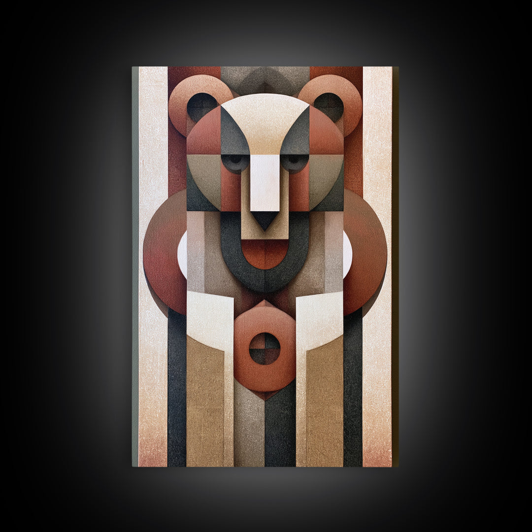 Geometric Bear with Muted Colors Framed Canvas Print, Scandinavian Art, Modern Wall Art, Living Room Decor, Abstract Art, SCA-2x3-53