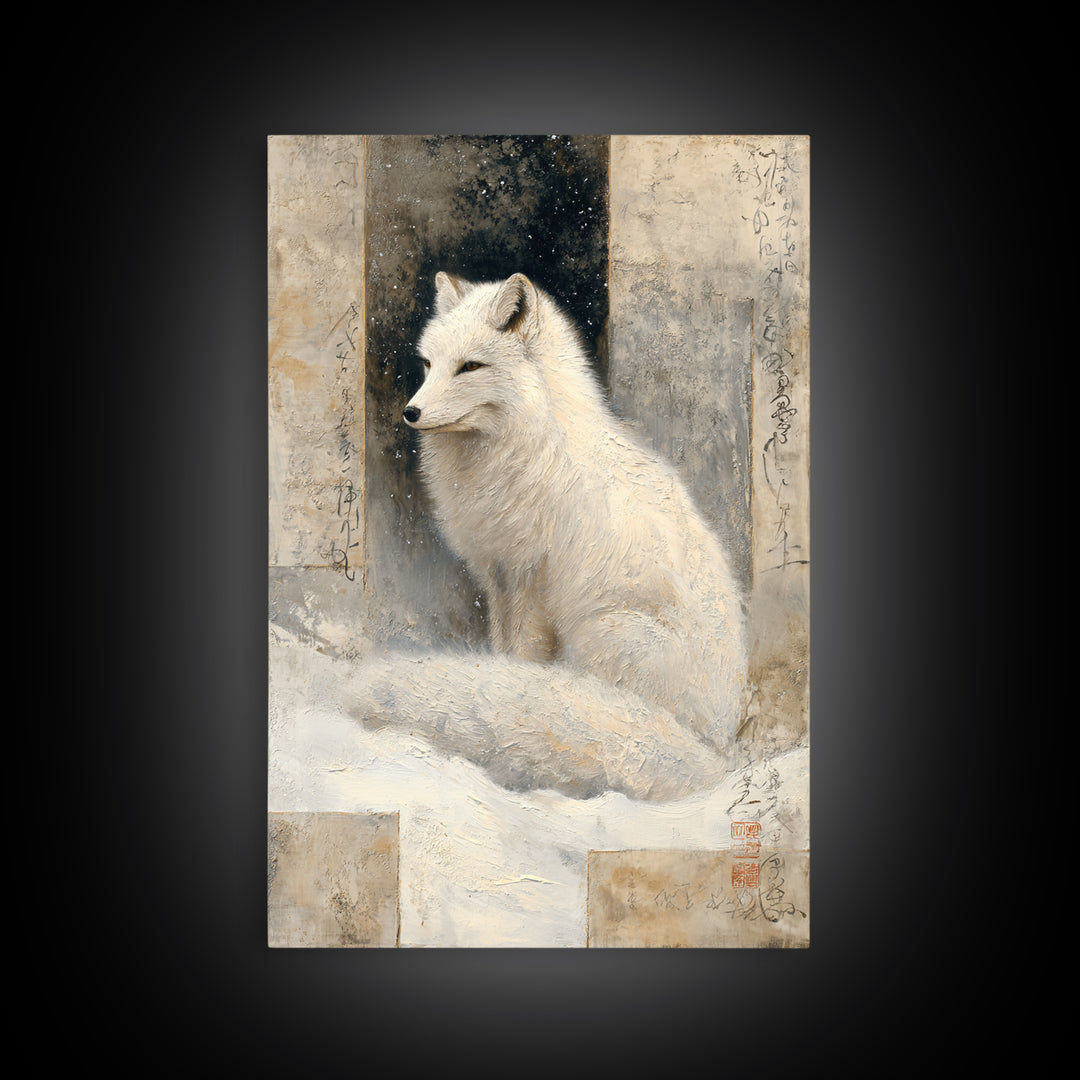 White Fox in Quiet Snow Framed Canvas Print, Scandinavian Art, Abstract Painting, Living Room Decor, Fine Art, Nordic, SCA-2x3-68