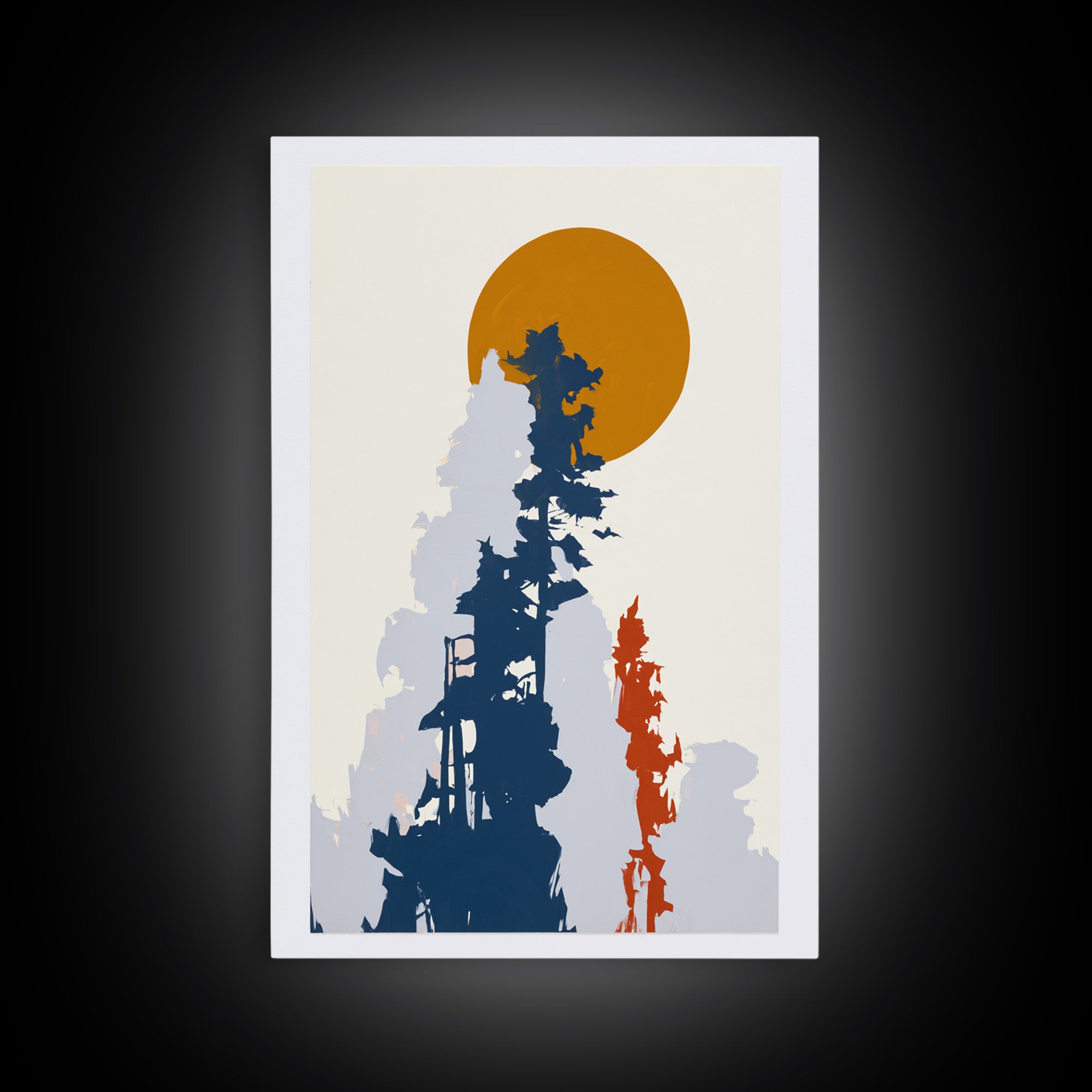 Minimal Sun over Pine Forest Framed Canvas Print, Scandinavian Art, Abstract Painting, Living Room Decor, Fine Art, Nordic, SCA-2x3-73