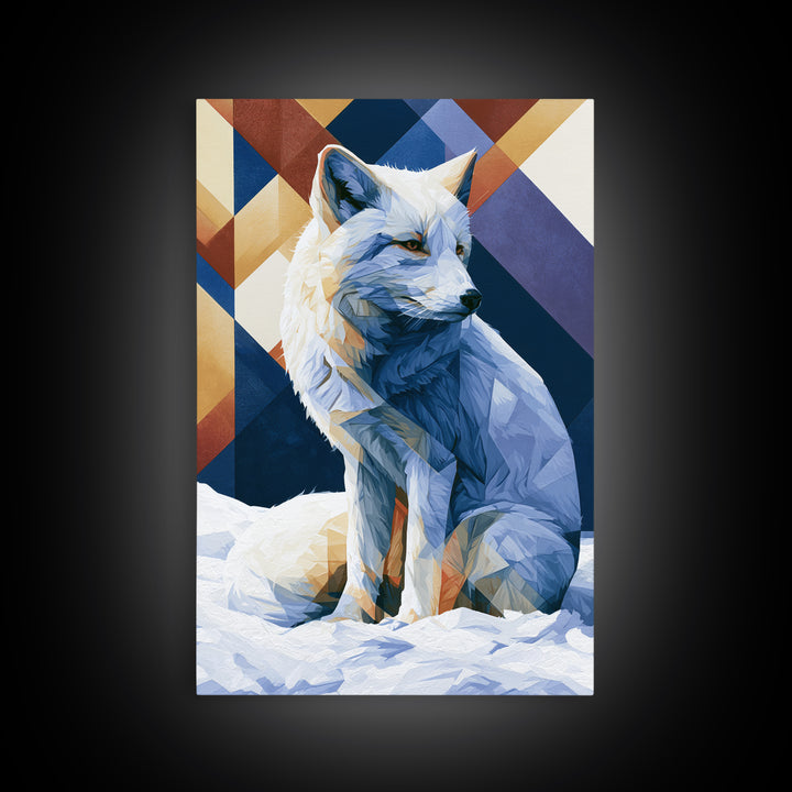 White Fox in Quiet Snow Framed Canvas Print, Scandinavian Art, Mid Century Modern, Living Room Decor, Abstract Art, Nordic, SCA-2x3-92