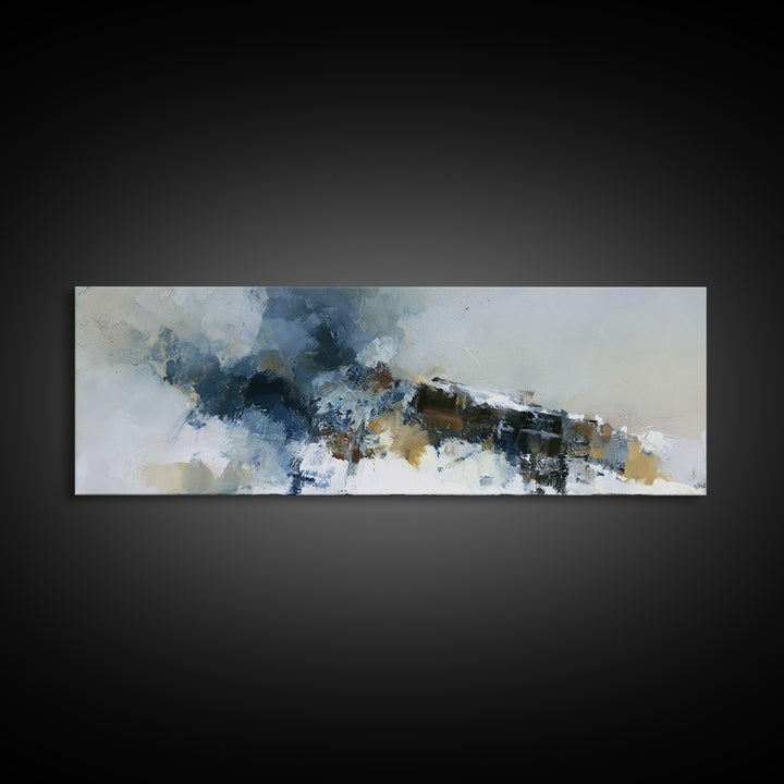 Winter Cabin Smoke Framed Canvas Print, Scandinavian Art, Oil Painting, Living Room Decor, Fine Art, Nordic, Boho Wall Decor, SCA-3x1-10