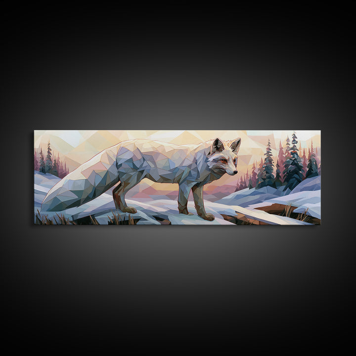 White Fox in Quiet Snow Canvas Print, Scandinavian Art, Printable, Living Room Decor, Abstract Art, Nordic, Abstract Wall Art, SCA-3x1-100