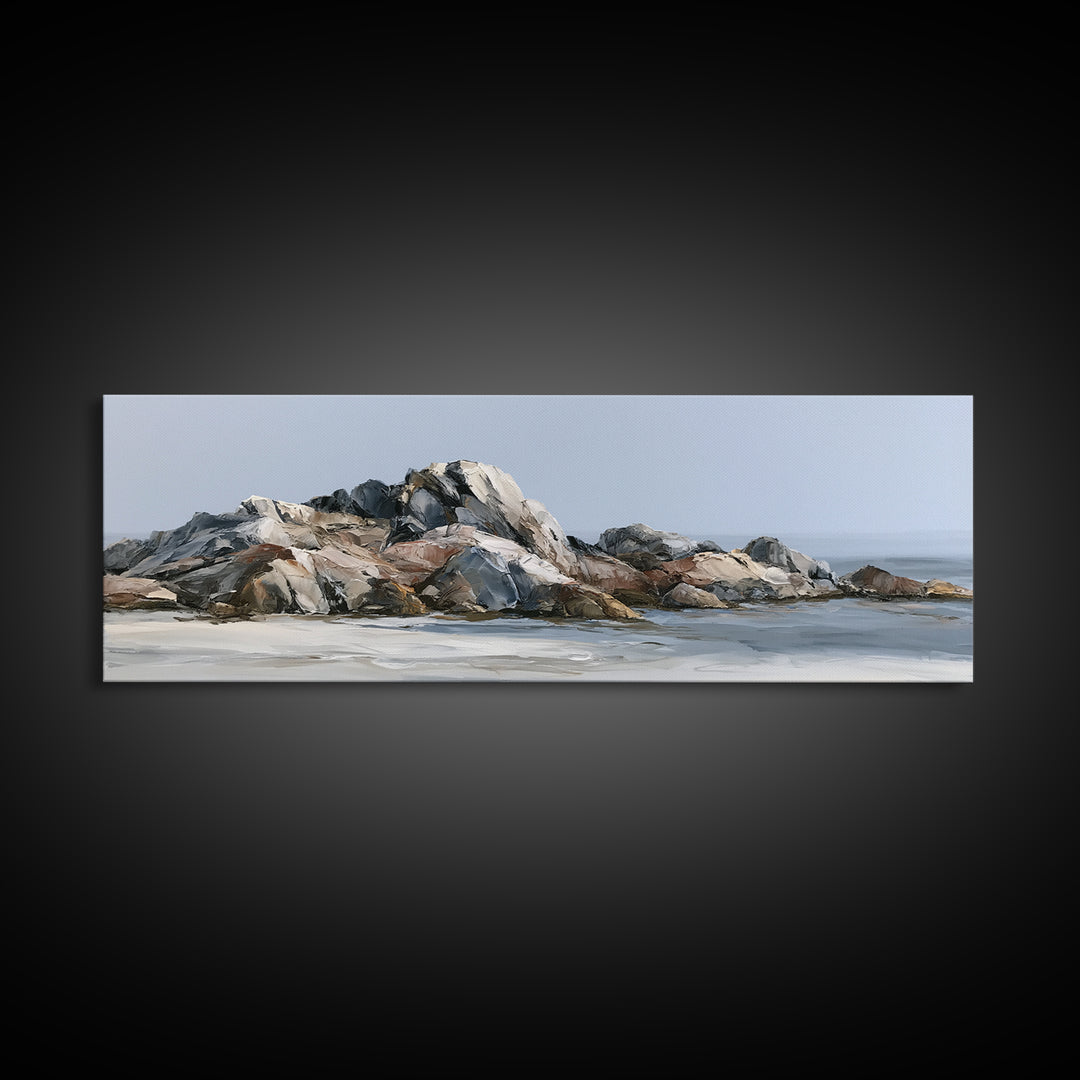 Quiet Coastal Rocks and Gray Sea Framed Canvas Print, Scandinavian Art, Fine Art Print, Living Room Decor, Fine Art, Nordic, SCA-3x1-15