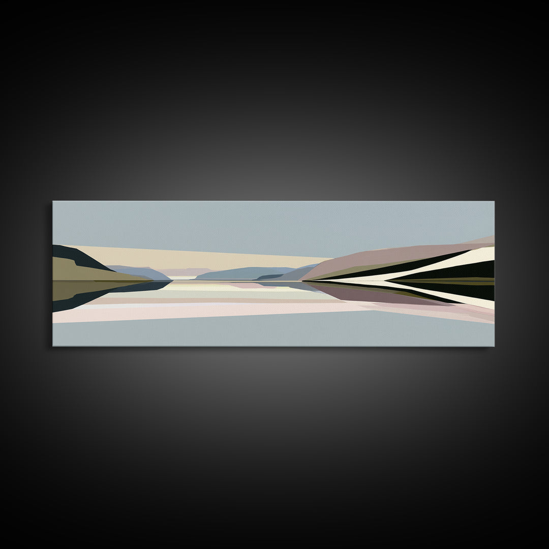 Minimal Fjord Landscape Framed Canvas Print, Scandinavian Art, Living Room Decor, Nordic, Gallery Decor, Neutral Decor, SCA-3x1-18
