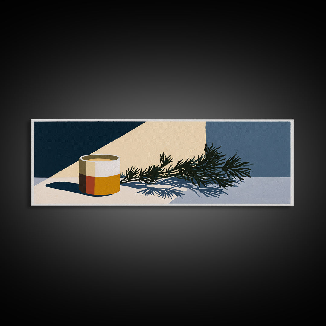 Hygge Candle and Pine Branch Still Life Canvas Print, Scandinavian Art, Floral Wall Art, Living Room Decor, Oil Painting, SCA-3x1-20