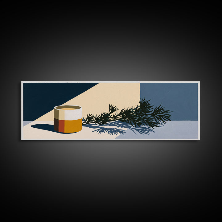 Hygge Candle and Pine Branch Still Life Canvas Print, Scandinavian Art, Floral Wall Art, Living Room Decor, Oil Painting, SCA-3x1-20