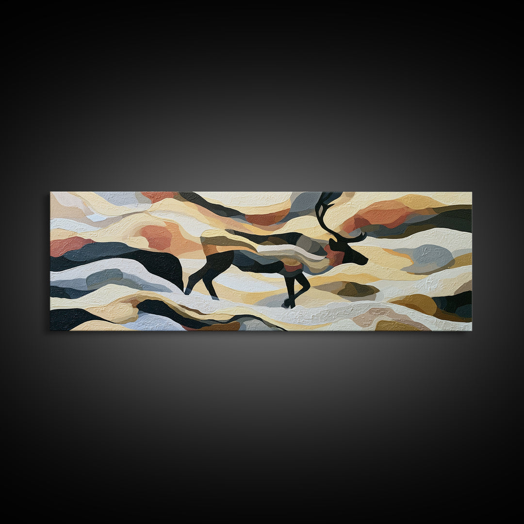 Reindeer Silhouette in Snowy Landscape Canvas Print, Scandinavian Art, Art, Living Room Decor, Fine Art, Nordic, Abstract Art, SCA-3x1-22