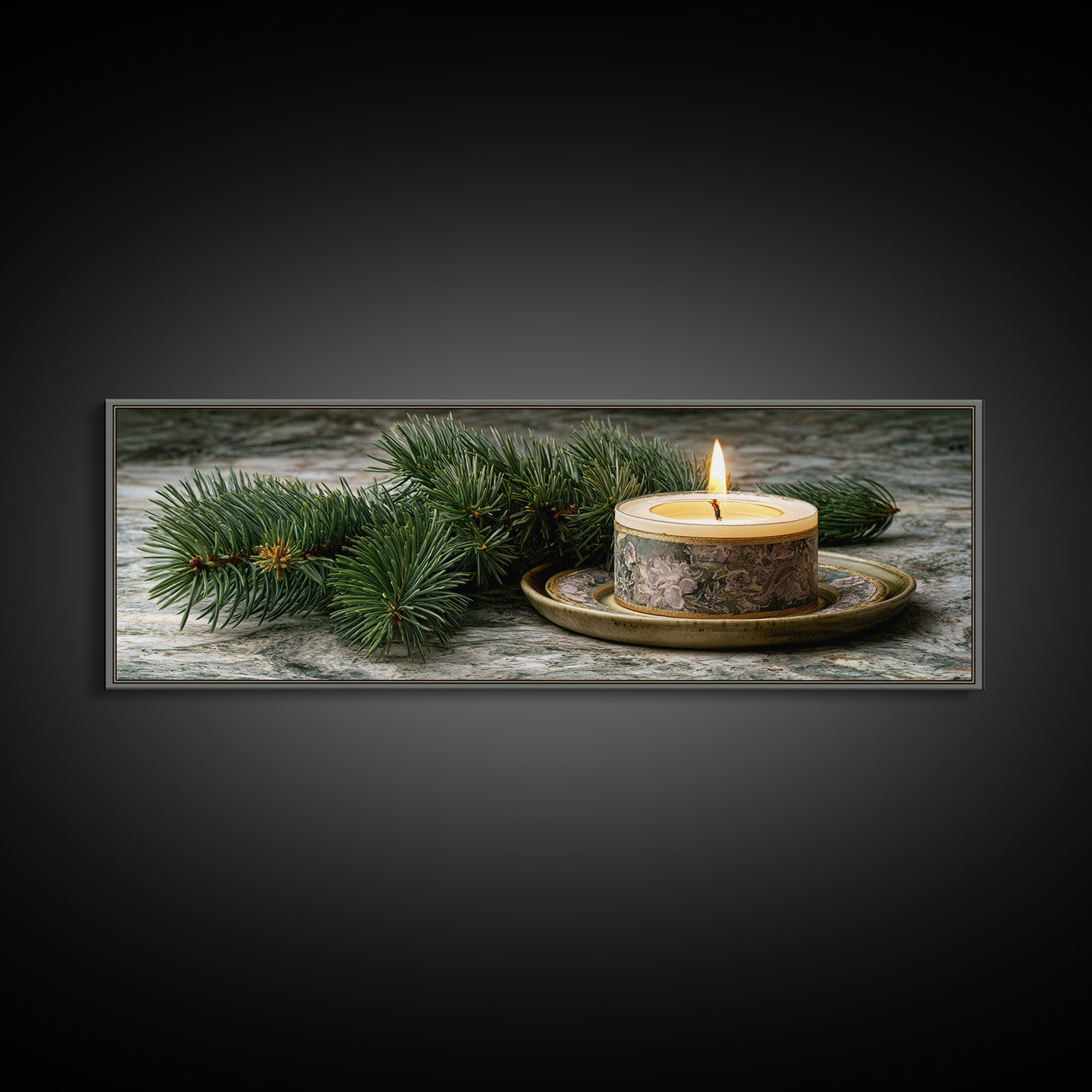 Hygge Candle and Pine Branch Still Life Framed Canvas Print, Scandinavian Art, Wall Decor, Living Room Decor, Fine Art, Nordic, SCA-3x1-68