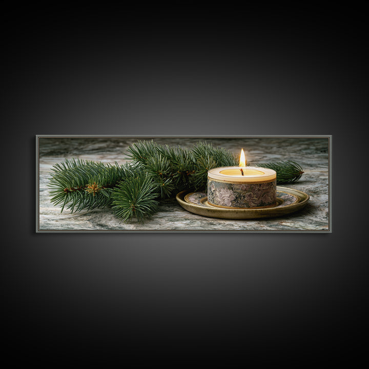 Hygge Candle and Pine Branch Still Life Framed Canvas Print, Scandinavian Art, Wall Decor, Living Room Decor, Fine Art, Nordic, SCA-3x1-68