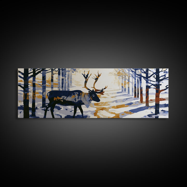 Reindeer Silhouette in Snowy Landscape Canvas Print, Scandinavian Art, Printable, Living Room Decor, Fine Art, Nordic, SCA-3x1-70