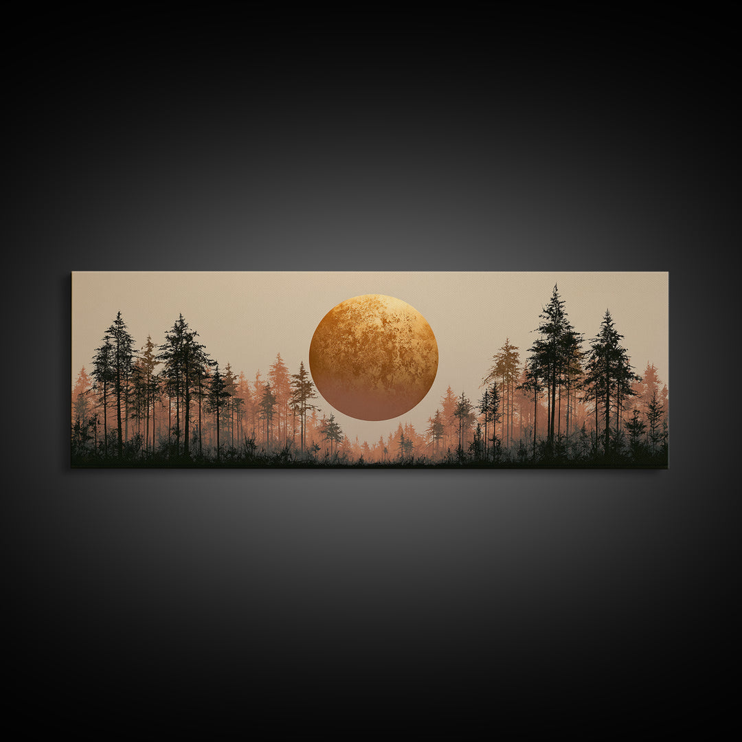 Minimal Sun over Pine Forest Framed Canvas Print, Scandinavian Art, Statement Artwork, Living Room Decor, Fine Art, Nordic, SCA-3x1-81